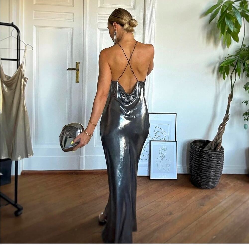 Zara Metallic Gunmetal Halter Maxi Dress. No tags, never worn. - Picture 3 of 12